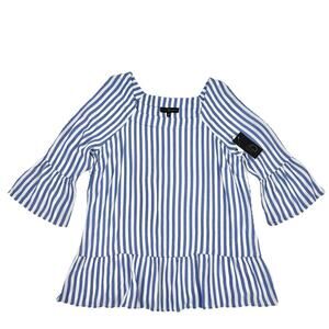 Fred David Plus Sz 1X Blue White Striped Flounce Sleeve Peplum Blouse Top Ruffle